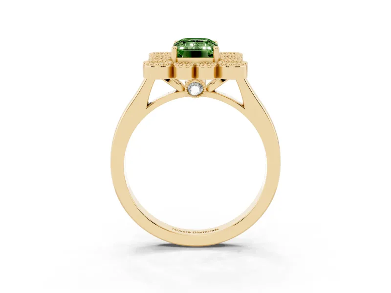 Emerald Cut Milgrain Cluster Halo Engagement Ring Setting for a Fancy Green Lab-Grown Diamond | Plain Band | Yellow Gold