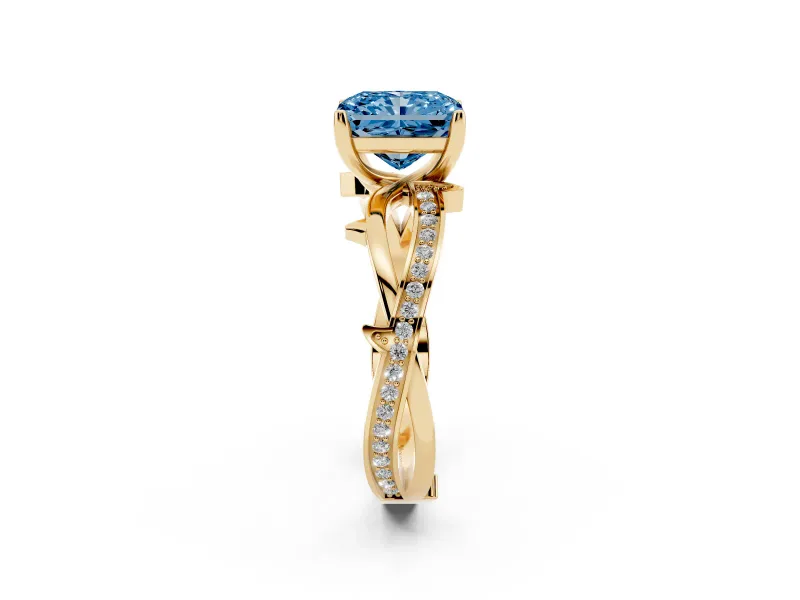 Fancy Blue Radiant Cut Diamond Pavé Twist Band Solitaire Ring Set in Yellow gold with Prong Setting