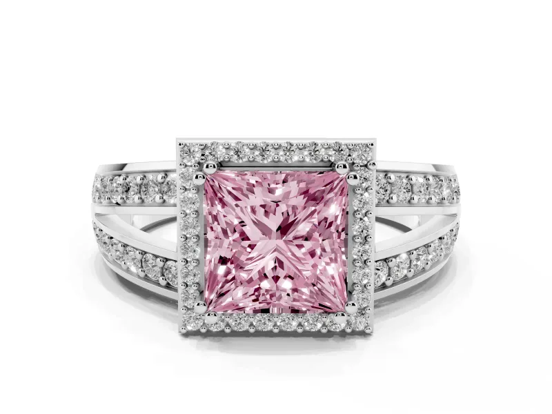 Fancy Pink Princess Cut Diamond Halo Ring Set in White gold with Double Pavé Split Shank