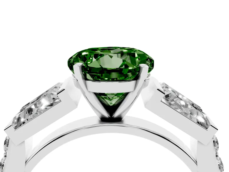 Fancy Green Round Cut Diamond Engagement Ring Set in White gold with Baguette Side Stones and Channel Set Band