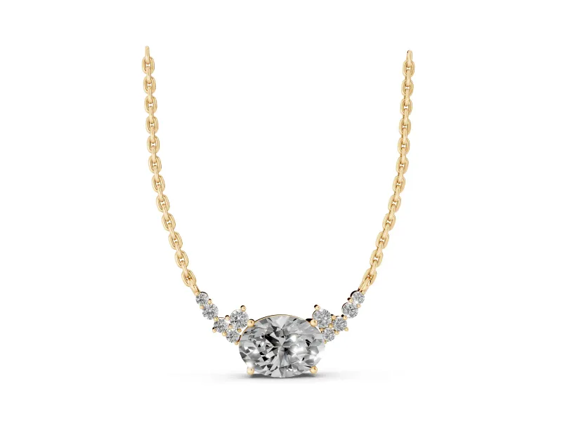 Oval Lab-Grown Diamond East-West Pendant Necklace | Round Accent Arcs | Yellow Gold