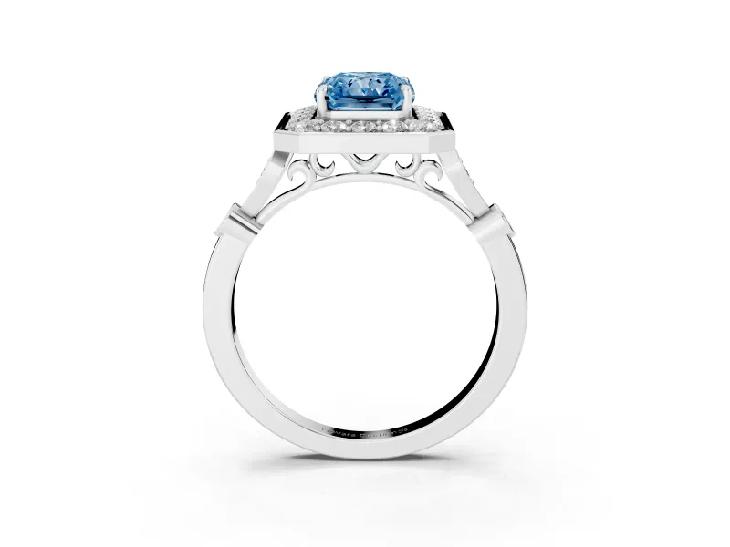 Radiant Cut Halo Engagement Ring Setting for a Fancy Blue Lab-Grown Diamond | Bezel Station Shoulders | White Gold