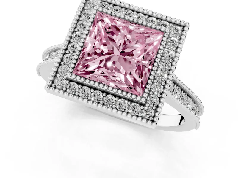 Princess Cut Vintage Milgrain Halo Engagement Ring Setting for a Fancy Pink Lab-Grown Diamond | Bezel Head | Platinum