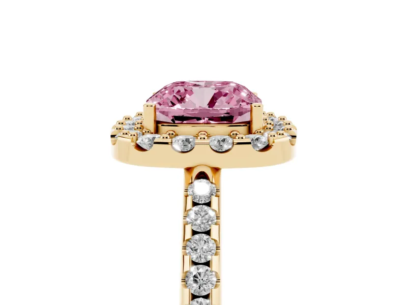 Cushion Cut Pave Halo Engagement Ring Setting for a Fancy Pink Lab-Grown Diamond | Pave Band | Yellow Gold