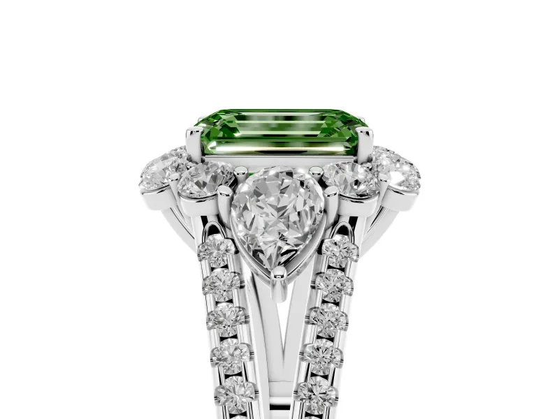 Emerald Cut Scalloped Halo Engagement Ring Setting for a Fancy Green Lab-Grown Diamond | Pear Side Stones | Platinum