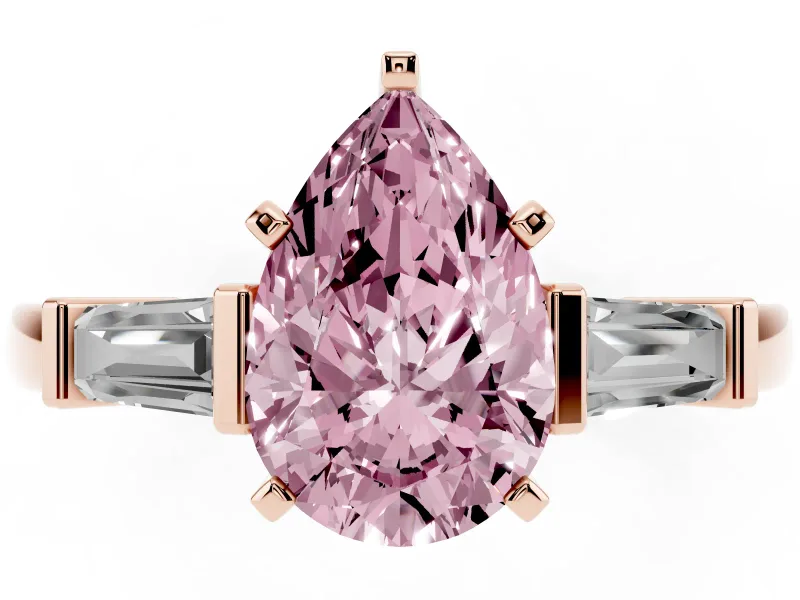 Fancy Pink Pear Cut Diamond Solitaire Ring Set in Rose gold with Tapered Baguette Accents and Prong Setting