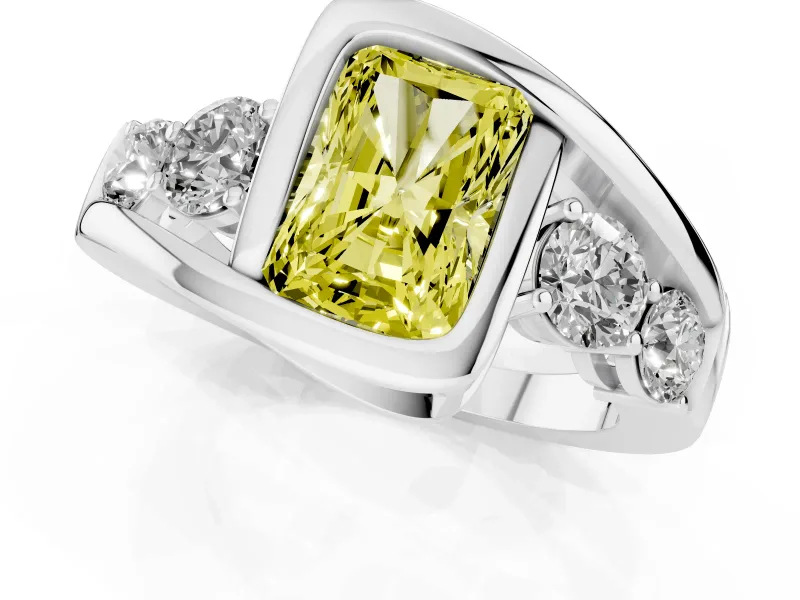 Fancy Yellow Radiant Cut Diamond Bezel Bypass Ring Set in White gold with Round Accents