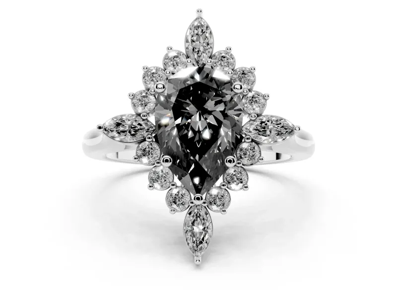 Fancy Black Pear Cut Diamond Cluster Halo Ring Set in Platinum with Marquise and Round Accents