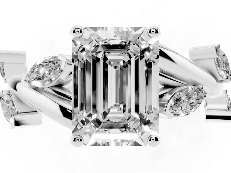 Emerald Cut Diamond Solitaire Ring Set in Silver with Twisted Marquise Accent Band