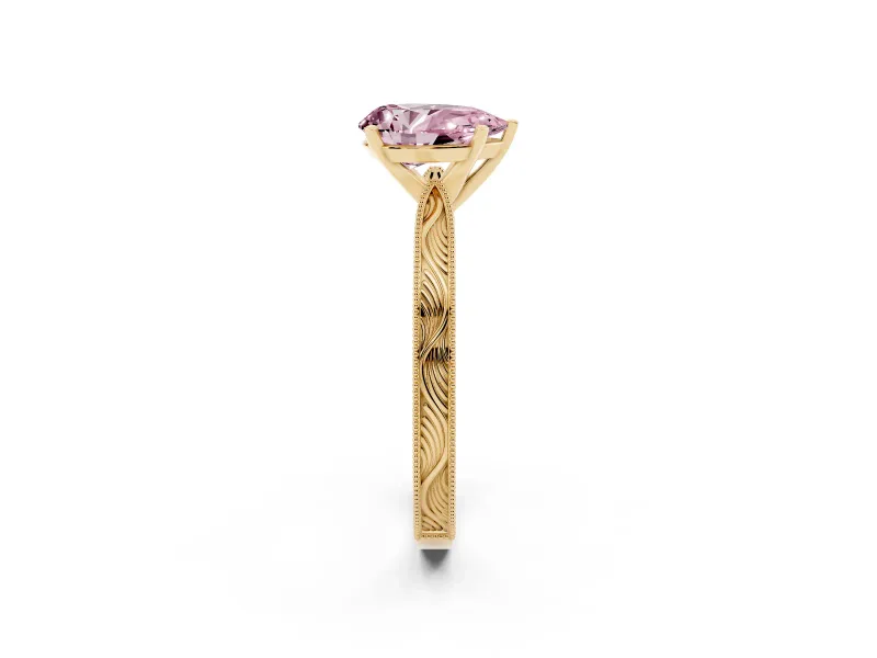 Fancy Pink Pear Cut Diamond Solitaire Milgrain Engraved Band Set in Yellow gold with Prong Setting