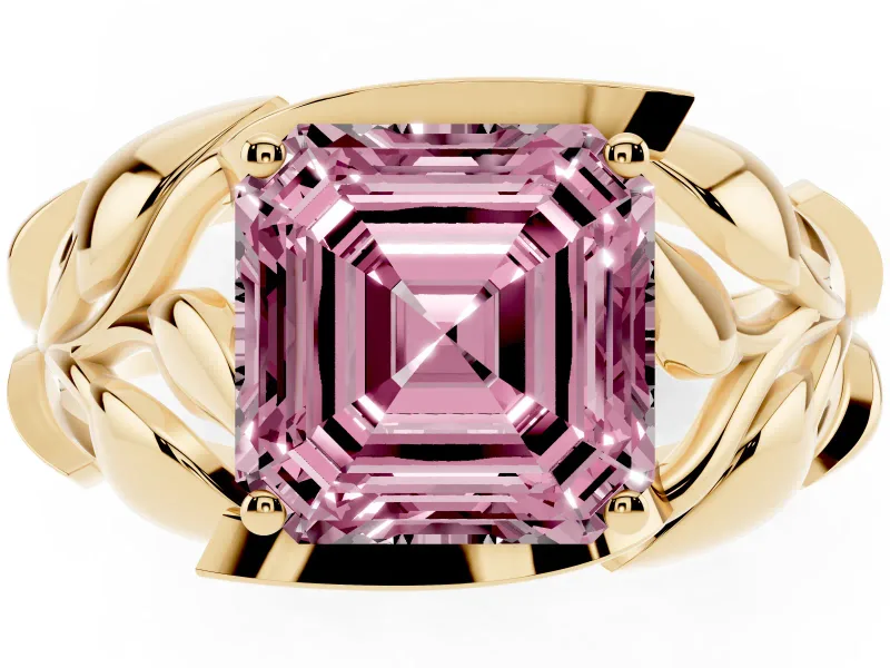 Fancy Pink Asscher Cut Diamond Leaf-Inspired Engagement Ring Set in Yellow gold with Round Accents