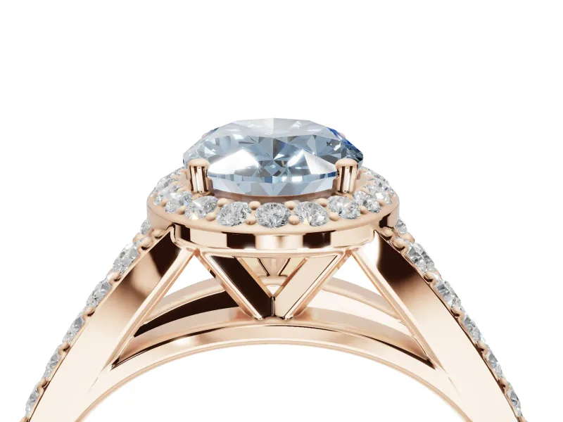 Oval Halo Pavé Engagement Ring Setting for a Fancy Blue Lab-Grown Diamond | Narrow Split Shank | Rose Gold