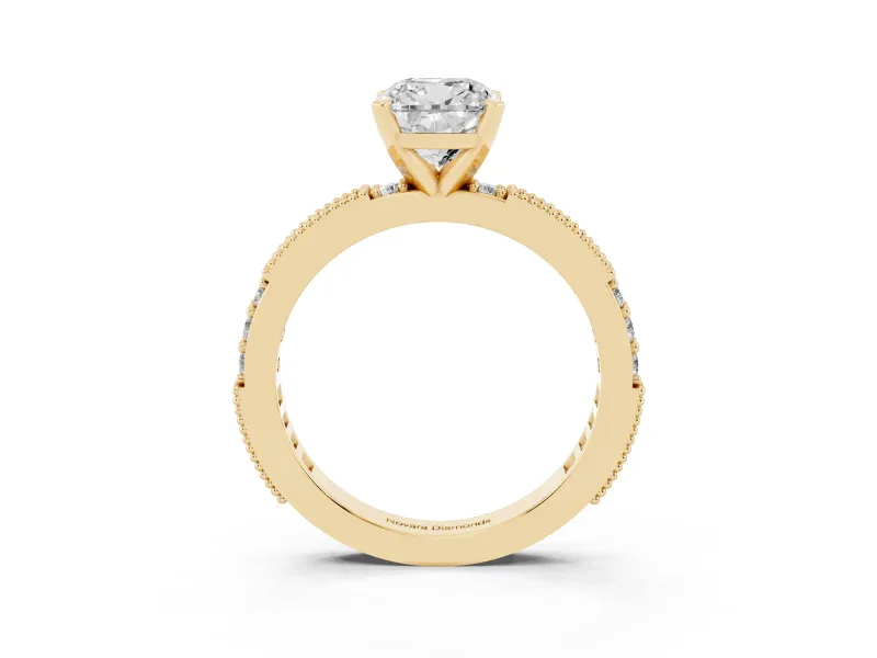 Cushion Cut Vintage Pavé Solitaire Engagement Ring Setting | Milgrain Edges | Yellow Gold