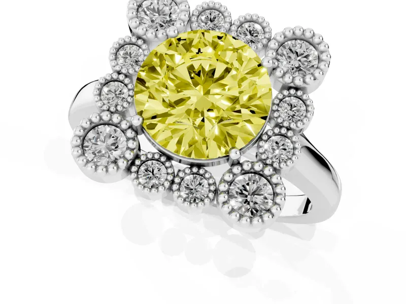 Round Milgrain Cluster Halo Engagement Ring Setting for a Fancy Yellow Lab-Grown Diamond | Plain Band | White Gold