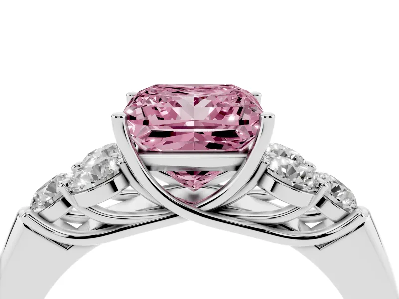 Fancy Pink Princess Cut Diamond Cluster Ring Set in Platinum with Round Accent Stones and Prong Setting on a Plain Band