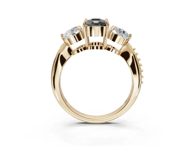 Fancy Black Cushion Cut Lab-Grown Diamond Three-Stone Ring Set in Yellow Gold with Channel-Set Band and Prong Setting