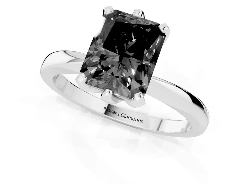 Fancy Black Radiant Cut Diamond Solitaire Engagement Ring Set in Platinum with Slim Tapered Solitaire Band