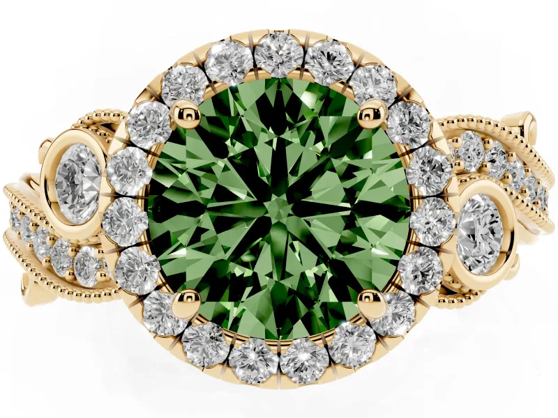 Round Vintage Halo Engagement Ring Setting for a Fancy Green Lab-Grown Diamond | Bezel Shoulder Accents | Yellow Gold