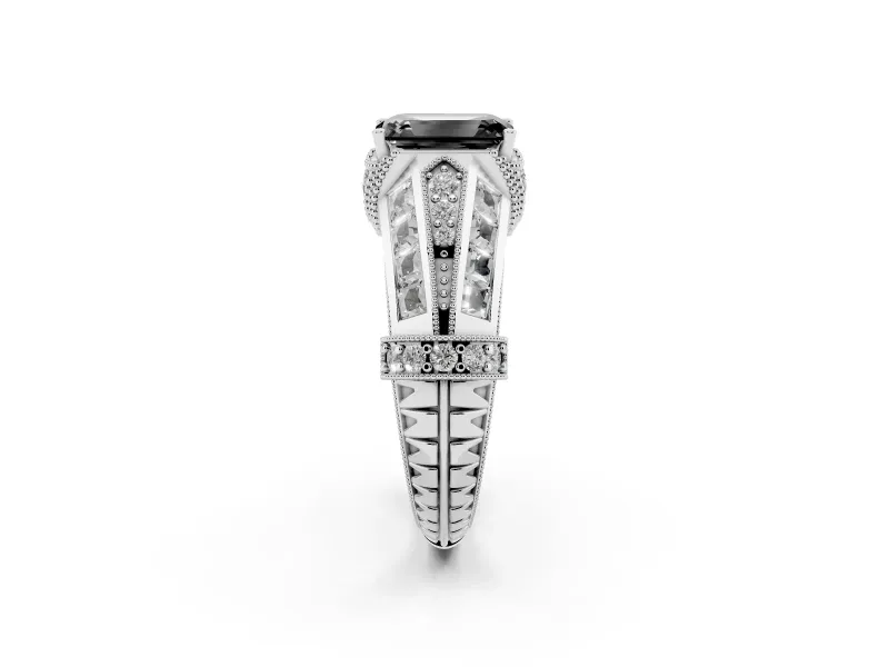 Fancy Black Emerald Cut Diamond Vintage-Inspired Milgrain Ring Set in White gold with Accent Split Shank