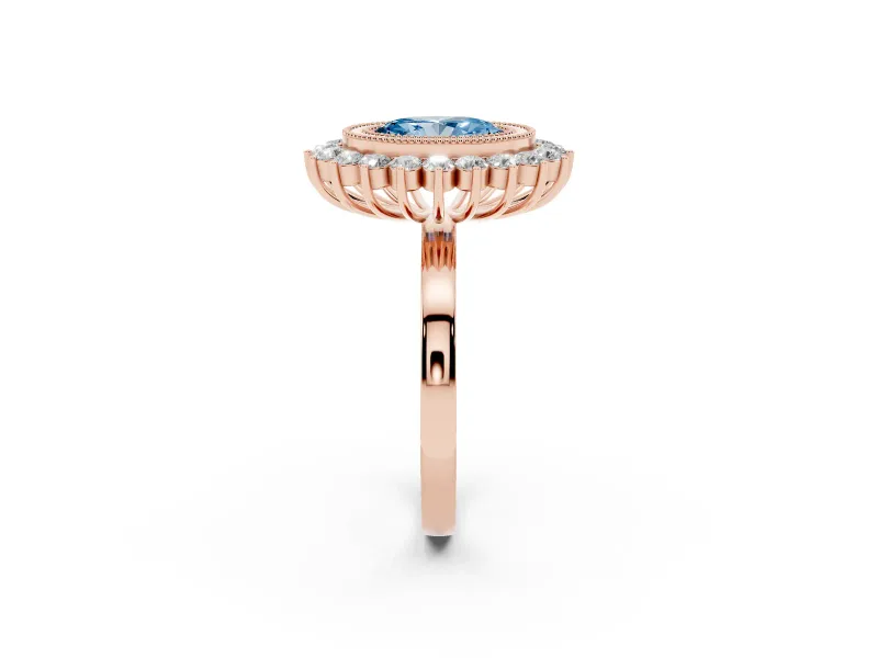 Fancy Blue Oval Cut Diamond Halo Ring Set in Rose gold with Milgrain Edge and Round Prong Setting