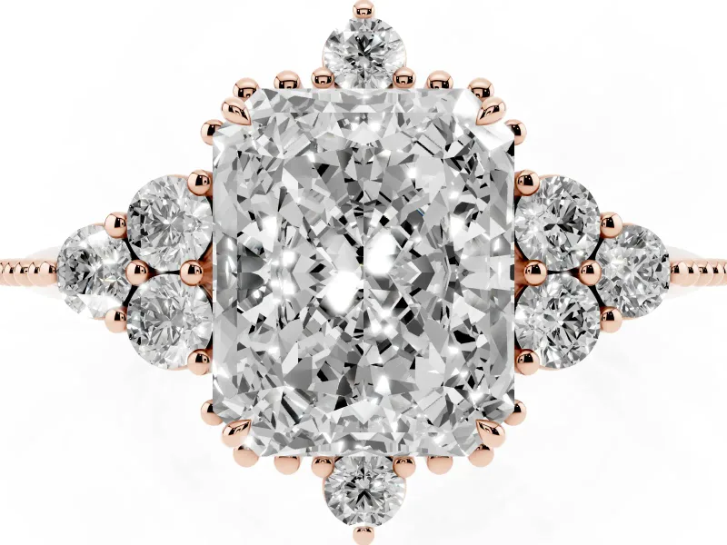 Radiant Cut Diamond Cluster Ring Set in Rose gold with Beaded Band