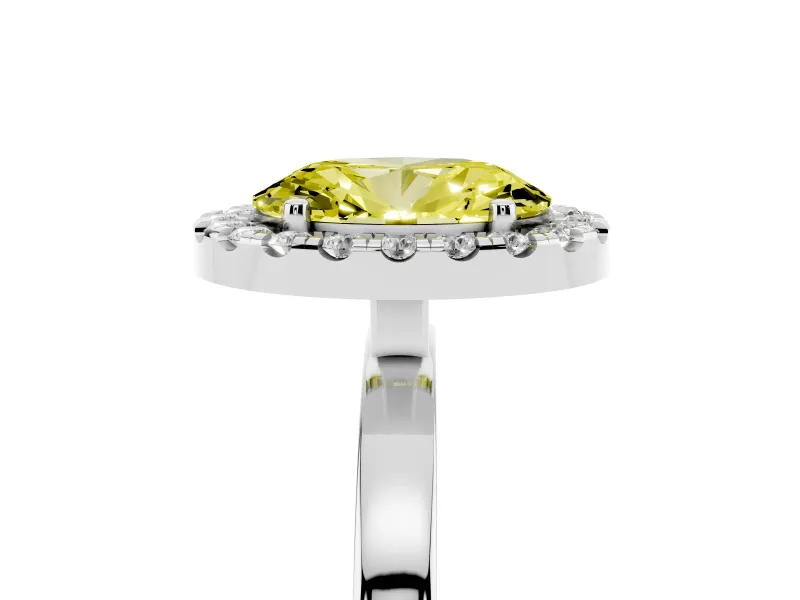 Fancy Yellow Oval Cut Diamond Halo Solitaire Ring Set in White gold with Pavé Band and Prong Setting