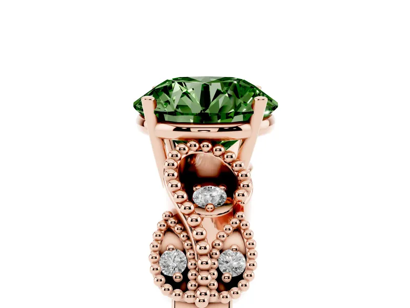 Fancy Green Round Cut Diamond Milgrain Leaf Band Solitaire Ring Set in Rose gold with Accent Stones and Prong Setting