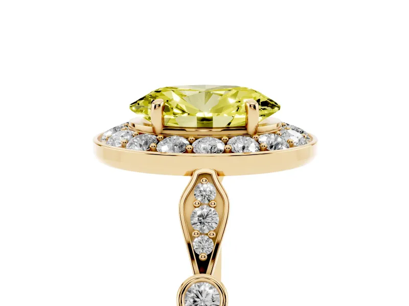 Oval Vintage Halo Engagement Ring Setting for a Fancy Yellow Lab-Grown Diamond | Bezel Station Shoulders | Yellow Gold