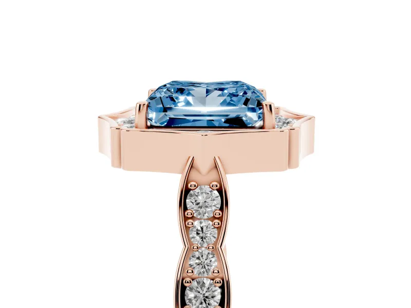 Princess Cut Vintage Scalloped Halo Engagement Ring Setting for a Fancy Blue Lab-Grown Diamond | Pave Band | Rose Gold