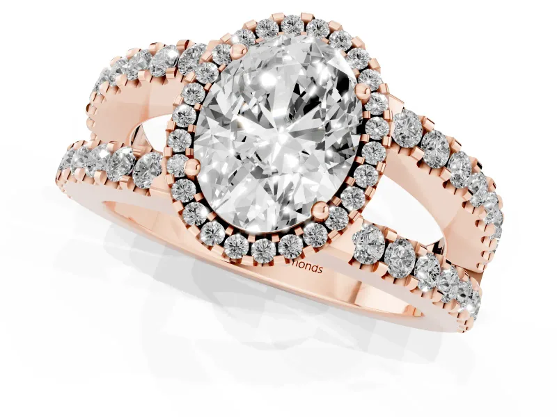 Oval Cut Diamond Halo Ring Set in Rose gold with Pavé Split Shank and Prong Setting