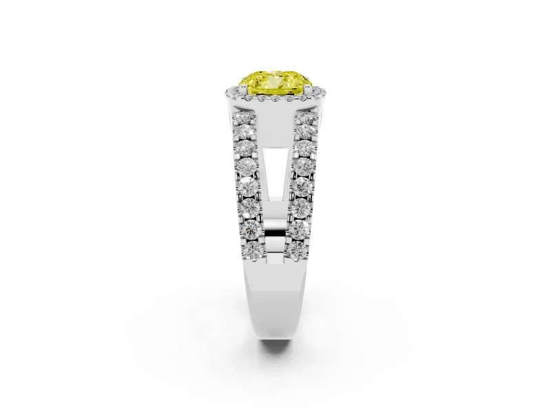 Fancy Yellow Cushion Cut Diamond Halo Ring Set in White gold with Pavé Split Shank and Prong Setting