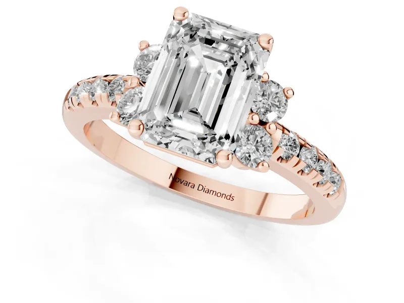 Emerald Cut Side Stone Pave Engagement Ring Setting | Paired Round Accents | Rose Gold