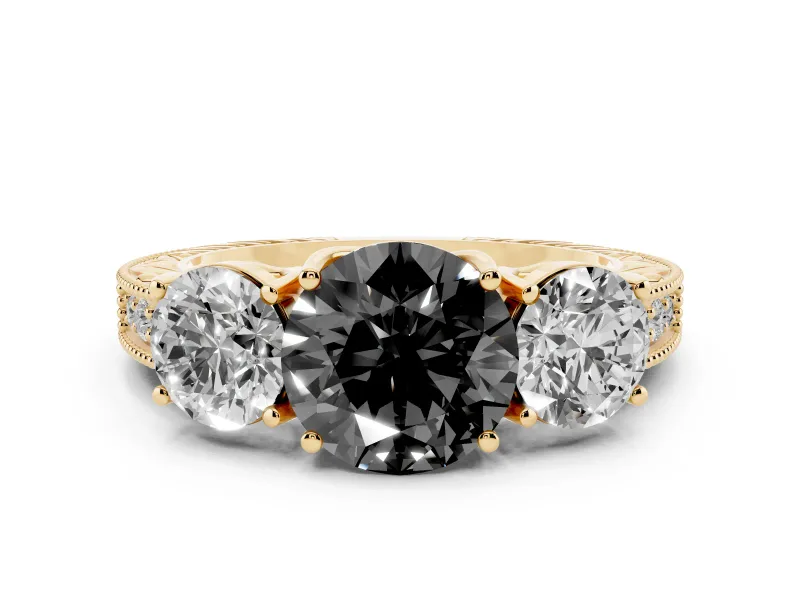 Fancy Black Round Cut Diamond Three-Stone Engagement Ring Set in Yellow gold with Milgrain Pavé Band