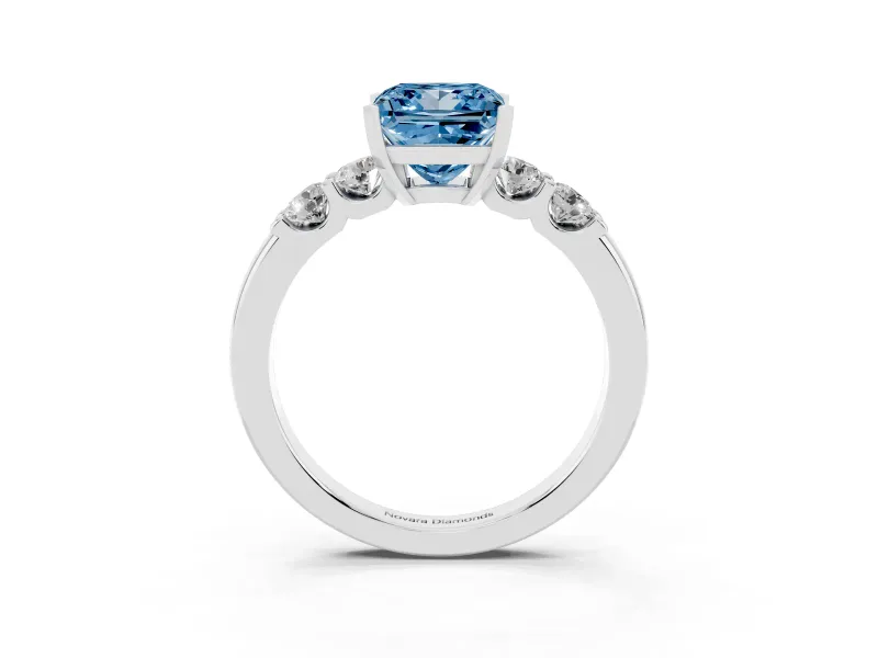 Fancy Blue Princess Cut Diamond Five-Stone Prong Set Engagement Ring Set in Platinum with Channel Band