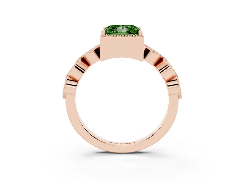 Fancy Green Princess Cut Diamond Vintage-Inspired Milgrain Ring Set in Rose gold with Marquise Stations of Round Accents
