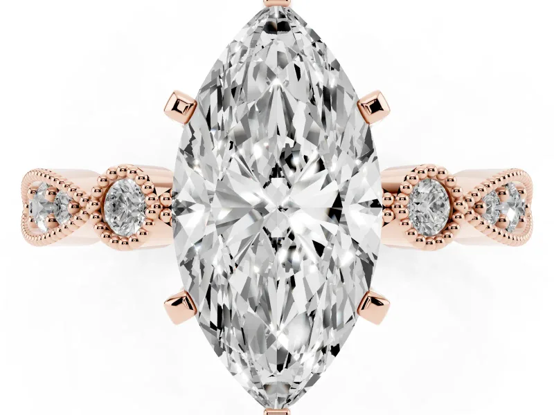 Marquise Cut Diamond Solitaire Engagement Ring Set in Rose gold with Milgrain Bezel Accent Band