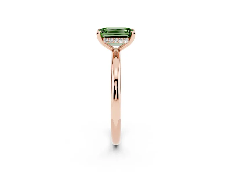 Fancy Green Emerald Cut Diamond Solitaire Ring Set in Rose gold with Thin Band and Prong Setting