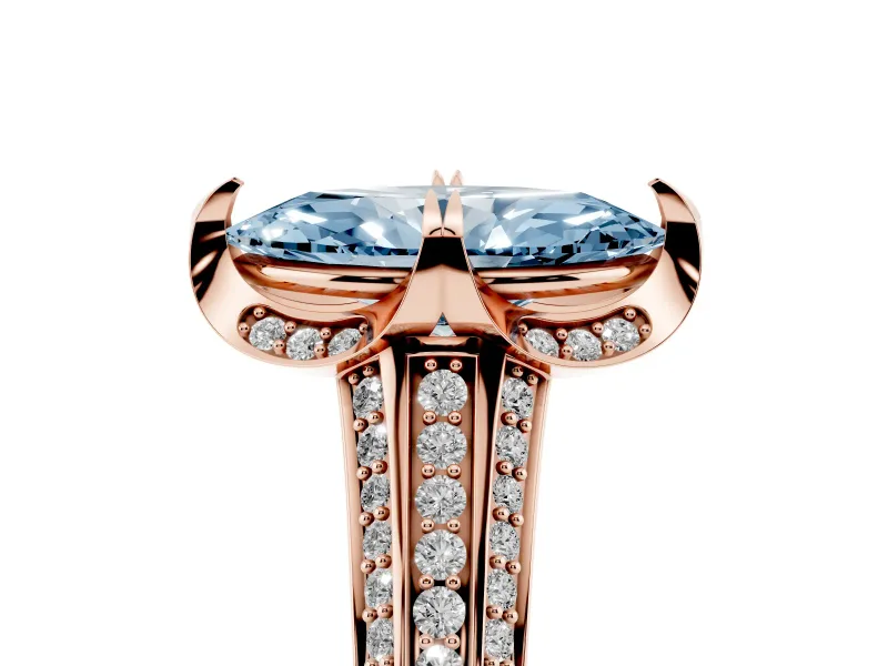 Fancy Blue Marquise Cut Diamond Pavé Split Shank Solitaire Ring Set in Rose gold with Prong Setting