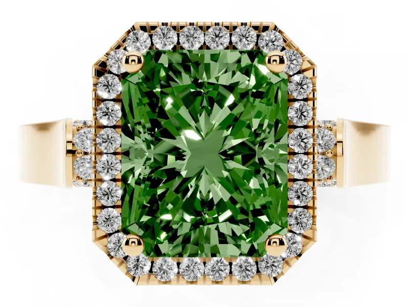 Radiant Cut Halo Engagement Ring Setting for a Fancy Green Lab-Grown Diamond | Pavé Panel Shoulders | Yellow Gold