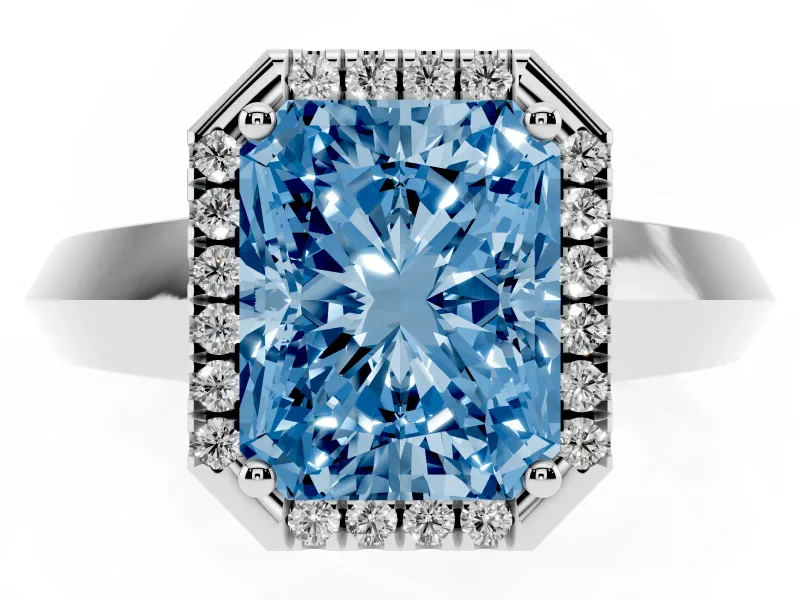 Fancy Blue Radiant Cut Diamond Halo Ring Set in Platinum with Cathedral Band and Prong Setting