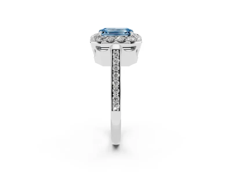 Emerald Cut Floral Halo Engagement Ring Setting for a Fancy Blue Lab-Grown Diamond | Large Round Accents | Platinum