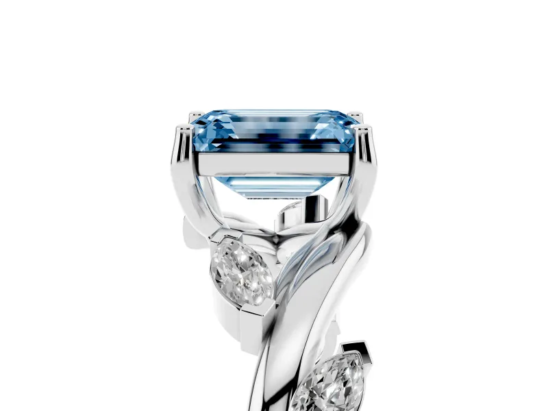 Fancy Blue Emerald Cut Diamond Solitaire Ring Set in Platinum with Twisted Marquise Accent Band