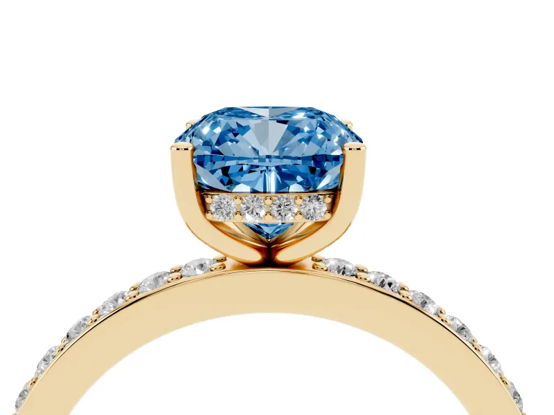 Cushion Cut Hidden Halo Engagement Ring Setting for a Fancy Blue Lab-Grown Diamond | Yellow Gold