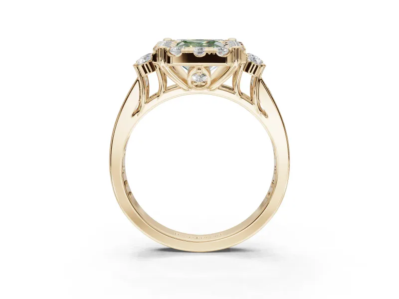 Radiant Cut Halo Engagement Ring Setting for a Fancy Green Lab-Grown Diamond | Graduated Channel Band | Yellow Gold