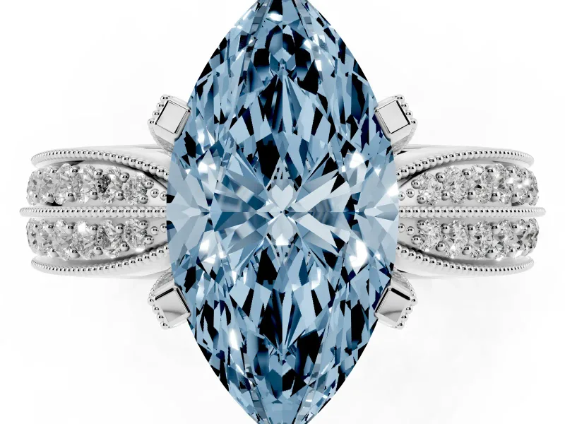 Fancy Blue Marquise Cut Diamond Solitaire Ring Set in White gold with Milgrain Double Row Round Pavé Band