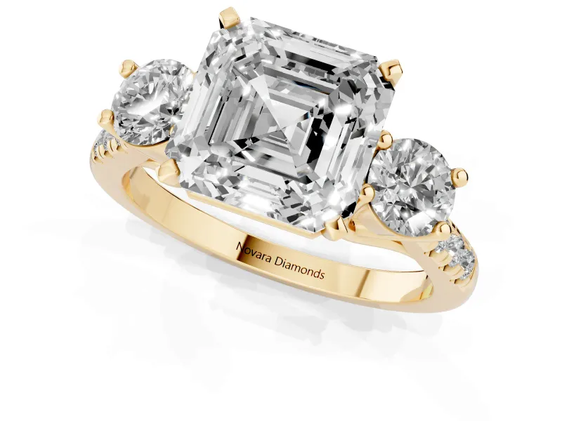 Asscher Cut Three-Stone Pavé Engagement Ring Setting | Round Side Stones | Yellow Gold