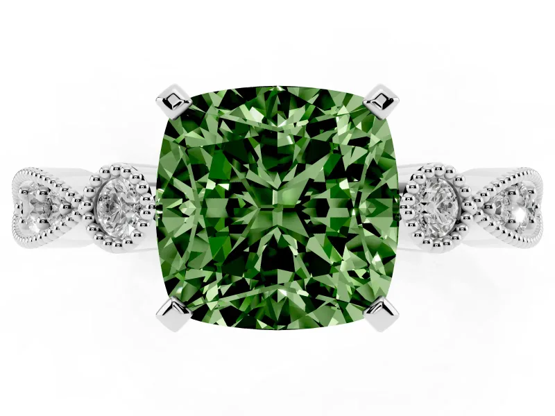Fancy Green Cushion Cut Diamond Solitaire Engagement Ring Set in Platinum with Milgrain Bezel Accent Band