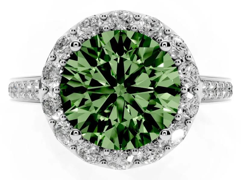 Fancy Green Round Cut Diamond Floral Halo Ring Set in Silver with Pavé Band and Prong Setting