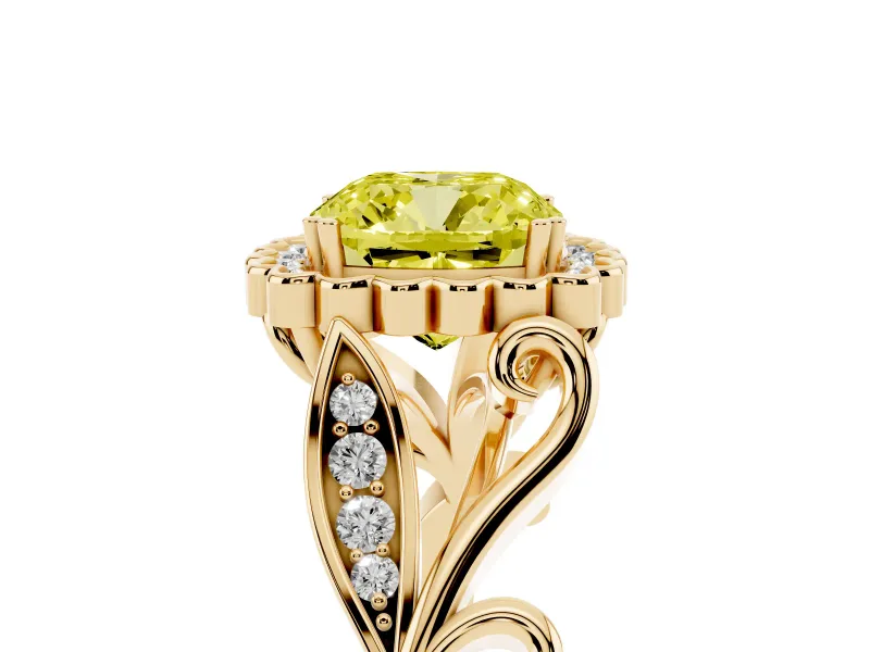 Cushion Cut Leaf Halo Engagement Ring Setting for a Fancy Yellow Lab-Grown Diamond | Yellow Gold