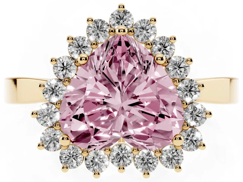 Fancy Pink Heart Cut Diamond Halo Ring Set in Yellow gold with Round Halo and Smooth Solitaire Band